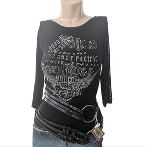 vintage Black Graphic 3/4 Sleeve Tee with rhinestone